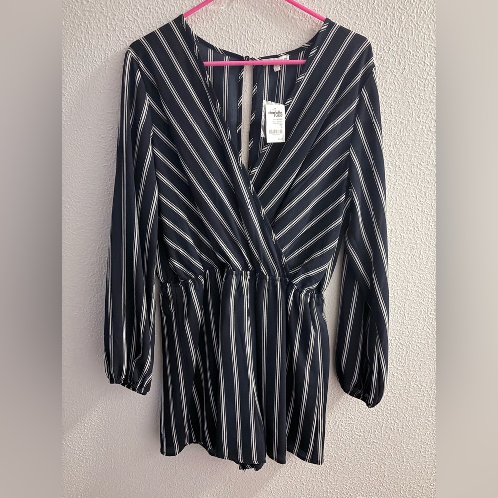 Charlotte Russe Navy and White Striped Long Sleeve Jumpsuit
